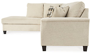 If you’re looking to lighten the mood, you’re sure to find the budget-conscious Abinger sectional sleeper beautifully fits the bill. Covered in a creme chenille upholstery loaded with plush texture, this less-is-more contemporary sectional is dressed to impress with angled side profiling and a track arm wrapped with a layer of pillowy softness for that little something extra. Open-ended chaise adds to this sectional’s swank look. Full-size memory foam mattress comfortably accommodates overnight guests.Includes 2 pieces: left-arm facing corner chaise and right-arm facing sofa sleeper | “Left-arm” and "right-arm" describe the position of the arm when you face the piece | Corner-blocked frame | Attached back and loose seat cushions | High-resiliency foam cushions wrapped in thick poly fiber | Polyester upholstery | Throw pillows included | Pillows with soft polyfill | Exposed tapered feet | Included bi-fold full memory foam mattress sits atop a supportive steel frame | Memory foam provides better airflow for a cooler night’s sleep | Memory foam encased in damask ticking | Estimated Assembly Time: 5 Minutes