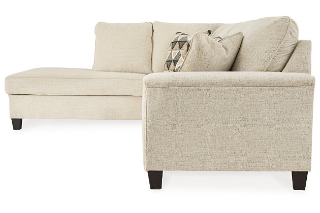 If you’re looking to lighten the mood, you’re sure to find the budget-conscious Abinger sectional sleeper beautifully fits the bill. Covered in a creme chenille upholstery loaded with plush texture, this less-is-more contemporary sectional is dressed to impress with angled side profiling and a track arm wrapped with a layer of pillowy softness for that little something extra. Open-ended chaise adds to this sectional’s swank look. Full-size memory foam mattress comfortably accommodates overnight guests.Includes 2 pieces: left-arm facing corner chaise and right-arm facing sofa sleeper | "Left-arm" and "right-arm" describe the position of the arm when you face the piece | Corner-blocked frame | Attached back and loose seat cushions | High-resiliency foam cushions wrapped in thick poly fiber | Polyester upholstery | Throw pillows included | Pillows with soft polyfill | Exposed tapered feet | Included bi-fold full memory foam mattress sits atop a supportive steel frame | Memory foam provides better airflow for a cooler night’s sleep | Memory foam encased in damask ticking | Estimated Assembly Time: 5 Minutes