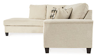 If you’re looking to lighten the mood, you’re sure to find the budget-conscious Abinger sectional beautifully fits the bill. Covered in a creme chenille upholstery loaded with plush texture, this less-is-more contemporary sectional is dressed to impress with angled side profiling and a track arm wrapped with a layer of pillowy softness for that little something extra. Open-ended chaise adds to this sectional’s swank look.Includes 2 pieces: left-arm facing corner chaise and right-arm facing sofa | “Left-arm” and "right-arm" describe the position of the arm when you face the piece | Corner-blocked frame | Attached back and loose seat cushions | High-resiliency foam cushions wrapped in thick poly fiber | Polyester upholstery | Throw pillows included | Pillows with soft polyfill | Exposed tapered feet | Platform foundation system resists sagging 3x better than spring system after 20,000 testing cycles by providing more even support | Smooth platform foundation maintains tight, wrinkle-free look without dips or sags that can occur over time with sinuous spring foundations | Estimated Assembly Time: 5 Minutes