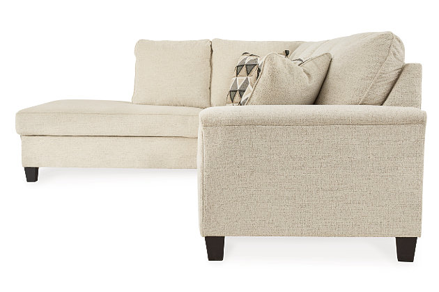 If you’re looking to lighten the mood, you’re sure to find the budget-conscious Abinger sectional beautifully fits the bill. Covered in a creme chenille upholstery loaded with plush texture, this less-is-more contemporary sectional is dressed to impress with angled side profiling and a track arm wrapped with a layer of pillowy softness for that little something extra. Open-ended chaise adds to this sectional’s swank look.Includes 2 pieces: left-arm facing corner chaise and right-arm facing sofa | “Left-arm” and "right-arm" describe the position of the arm when you face the piece | Corner-blocked frame | Attached back and loose seat cushions | High-resiliency foam cushions wrapped in thick poly fiber | Polyester upholstery | Throw pillows included | Pillows with soft polyfill | Exposed tapered feet | Platform foundation system resists sagging 3x better than spring system after 20,000 testing cycles by providing more even support | Smooth platform foundation maintains tight, wrinkle-free look without dips or sags that can occur over time with sinuous spring foundations | Estimated Assembly Time: 5 Minutes