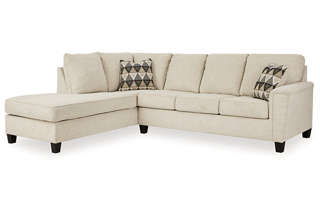 If you’re looking to lighten the mood, you’re sure to find the budget-conscious Abinger sectional sleeper beautifully fits the bill. Covered in a creme chenille upholstery loaded with plush texture, this less-is-more contemporary sectional is dressed to impress with angled side profiling and a track arm wrapped with a layer of pillowy softness for that little something extra. Open-ended chaise adds to this sectional’s swank look. Full-size memory foam mattress comfortably accommodates overnight guests.Includes 2 pieces: left-arm facing corner chaise and right-arm facing sofa sleeper | "Left-arm" and "right-arm" describe the position of the arm when you face the piece | Corner-blocked frame | Attached back and loose seat cushions | High-resiliency foam cushions wrapped in thick poly fiber | Polyester upholstery | Throw pillows included | Pillows with soft polyfill | Exposed tapered feet | Included bi-fold full memory foam mattress sits atop a supportive steel frame | Memory foam provides better airflow for a cooler night’s sleep | Memory foam encased in damask ticking | Estimated Assembly Time: 5 Minutes