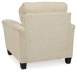 If you’re looking to lighten the mood, you’re sure to find the space-conscious, budget-conscious Abinger chair a breath of fresh air. Covered in a cream-tone chenille upholstery loaded with plush texture, this less-is-more contemporary chair is dressed to impress with angled side profiling and track armrests wrapped with a layer of pillowy softness for that little something extra. Talk about one sensational look.Corner-blocked frame | Attached back and loose seat cushions | High-resiliency foam cushions wrapped in thick poly fiber | Polyester upholstery | Exposed feet with faux wood finish
