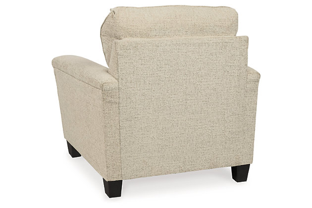 If you’re looking to lighten the mood, you’re sure to find the space-conscious, budget-conscious Abinger chair a breath of fresh air. Covered in a cream-tone chenille upholstery loaded with plush texture, this less-is-more contemporary chair is dressed to impress with angled side profiling and track armrests wrapped with a layer of pillowy softness for that little something extra. Talk about one sensational look.Corner-blocked frame | Attached back and loose seat cushions | High-resiliency foam cushions wrapped in thick poly fiber | Polyester upholstery | Exposed feet with faux wood finish