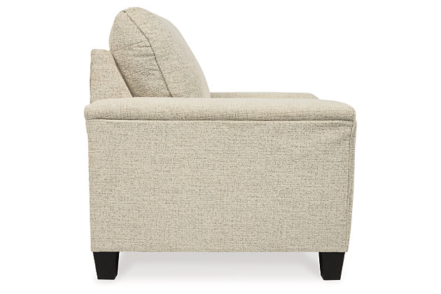 If you’re loo to lighten the mood, you’re sure to find the space-conscious, budget-conscious Abinger chair a breath of fresh air. Covered in a cream-tone chenille upholstery loaded with plush texture, this less-is-more contemporary chair is dressed to impress with angled side profiling and track armrests wrapped with a layer of pillowy softness for that little something extra. Talk about one sensational look.Corner-blocked frame | Attached back and loose seat cushions | High-resiliency foam cushions wrapped in thick poly fiber | Polyester upholstery | Exposed feet with faux wood finish