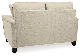 If you’re loo to lighten the mood, you’re sure to find the space-conscious, budget-conscious Abinger loveseat a breath of fresh air. Covered in a cream-tone chenille upholstery loaded with plush texture, this less-is-more contemporary loveseat is dressed to impress with angled side profiling and track armrests wrapped with a layer of pillowy softness for that little something extra. Crisp and clean, the 2-over-2 cushion styling adds up to one sensational look.Corner-blocked frame | Attached back and loose seat cushions | High-resiliency foam cushions wrapped in thick poly fiber | Polyester upholstery | 2 throw pillows included | Pillows with soft polyfill | Exposed feet with faux wood finish