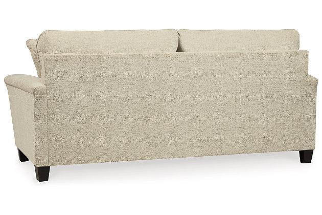 If you’re looking to lighten the mood, you’re sure to find the space-conscious, budget-conscious Abinger queen sofa sleeper a breath of fresh air. Covered in a cream-tone chenille upholstery loaded with plush texture, this less-is-more contemporary sofa is dressed to impress with angled side profiling and track armrests wrapped with a layer of pillowy softness for that little something extra. Crisp and clean, the 2-over-2 cushion styling adds up to one sensational look. Rest assured, the memory foam queen mattress comfortably accommodates overnight guests.Corner-blocked frame | Attached back and loose seat cushions | High-resiliency foam cushions wrapped in thick poly fiber | Polyester upholstery | 2 throw pillows included | Pillows with soft polyfill | Exposed feet with faux wood finish | Included bi-fold queen memory foam mattress sits atop a supportive steel frame | Memory foam provides better airflow for a cooler night’s sleep | Memory foam encased in damask ticking