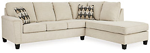 If you’re looking to lighten the mood, you’re sure to find the budget-conscious Abinger sectional beautifully fits the bill. Covered in a creme chenille upholstery loaded with plush texture, this less-is-more contemporary sectional is dressed to impress with angled side profiling and a track arm wrapped with a layer of pillowy softness for that little something extra. Open-ended chaise adds to this sectional’s swank look.Includes 2 pieces: right-arm facing corner chaise and left-arm facing sofa | "Left-arm" and "right-arm" describe the position of the arm when you face the piece | Corner-blocked frame | Attached back and loose seat cushions | High-resiliency foam cushions wrapped in thick poly fiber | Polyester upholstery | Throw pillows included | Pillows with soft polyfill | Exposed tapered feet | Platform foundation system resists sagging 3x better than spring system after 20,000 testing cycles by providing more even support | Smooth platform foundation maintains tight, wrinkle-free look without dips or sags that can occur over time with sinuous spring foundations | Estimated Assembly Time: 5 Minutes