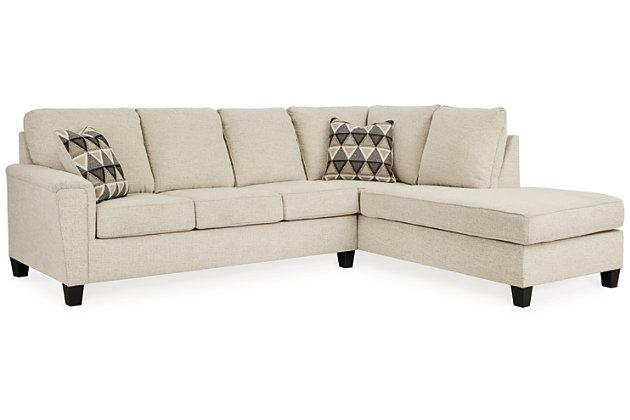 If you’re looking to lighten the mood, you’re sure to find the budget-conscious Abinger sectional sleeper beautifully fits the bill. Covered in a creme chenille upholstery loaded with plush texture, this less-is-more contemporary sectional is dressed to impress with angled side profiling and a track arm wrapped with a layer of pillowy softness for that little something extra. Open-ended chaise adds to this sectional’s swank look. Full-size memory foam mattress comfortably accommodates overnight guests.Includes 2 pieces: right-arm facing corner chaise and left-arm facing sofa sleeper  | "Left-arm" and "right-arm" describe the position of the arm when you face the piece | Corner-blocked frame | Attached back and loose seat cushions | High-resiliency foam cushions wrapped in thick poly fiber | Polyester upholstery | Throw pillows included | Pillows with soft polyfill | Exposed tapered feet | Included bi-fold full memory foam mattress sits atop a supportive steel frame | Memory foam provides better airflow for a cooler night’s sleep | Memory foam encased in damask ticking | Estimated Assembly Time: 5 Minutes
