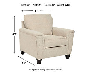 If you’re loo to lighten the mood, you’re sure to find the space-conscious, budget-conscious Abinger chair a breath of fresh air. Covered in a cream-tone chenille upholstery loaded with plush texture, this less-is-more contemporary chair is dressed to impress with angled side profiling and track armrests wrapped with a layer of pillowy softness for that little something extra. Talk about one sensational look.Corner-blocked frame | Attached back and loose seat cushions | High-resiliency foam cushions wrapped in thick poly fiber | Polyester upholstery | Exposed feet with faux wood finish