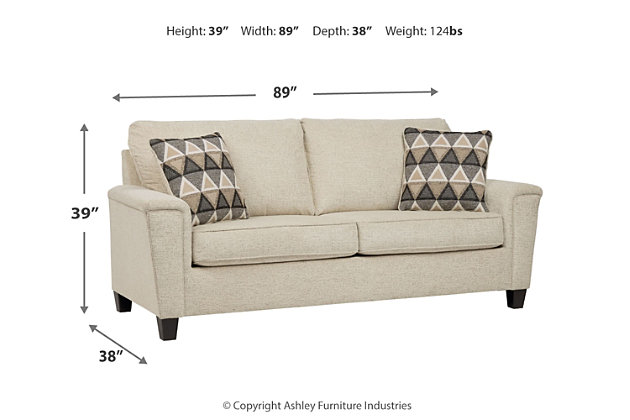 If you’re loo to lighten the mood, you’re sure to find the space-conscious, budget-conscious Abinger sofa a breath of fresh air. Covered in a cream-tone chenille upholstery loaded with plush texture, this less-is-more contemporary sofa is dressed to impress with angled side profiling and track armrests wrapped with a layer of pillowy softness for that little something extra. Crisp and clean, the 2-over-2 cushion styling adds up to one sensational look.Corner-blocked frame | Attached back and loose seat cushions | High-resiliency foam cushions wrapped in thick poly fiber | Polyester upholstery | 2 throw pillows included | Pillows with soft polyfill | Exposed feet with faux wood finish