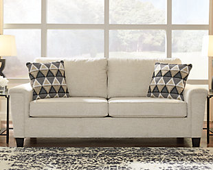If you’re loo to lighten the mood, you’re sure to find the space-conscious, budget-conscious Abinger sofa a breath of fresh air. Covered in a cream-tone chenille upholstery loaded with plush texture, this less-is-more contemporary sofa is dressed to impress with angled side profiling and track armrests wrapped with a layer of pillowy softness for that little something extra. Crisp and clean, the 2-over-2 cushion styling adds up to one sensational look.Corner-blocked frame | Attached back and loose seat cushions | High-resiliency foam cushions wrapped in thick poly fiber | Polyester upholstery | 2 throw pillows included | Pillows with soft polyfill | Exposed feet with faux wood finish