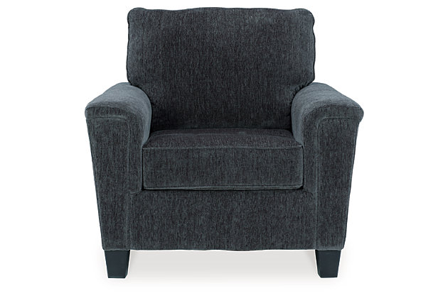 If you’re looking for a smokin' hot look priced to entice, you’re sure to find the space-conscious, budget-conscious Abinger chair beautifully fits the bill. Covered in a smoke gray chenille upholstery loaded with plush texture, this less-is-more contemporary chair is dressed to impress with angled side profiling and track armrests wrapped with a layer of pillowy softness for that little something extra. Talk about one sensational look.Corner-blocked frame | Attached back and loose seat cushions | High-resiliency foam cushions wrapped in thick poly fiber | Polyester upholstery | Exposed tapered feet