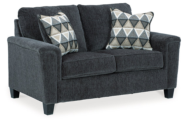 If you’re looking for a smokin’ hot look priced to entice, you’re sure to find the space-conscious, budget-conscious Abinger loveseat beautifully fits the bill. Covered in a smoke gray chenille upholstery loaded with plush texture, this less-is-more contemporary loveseat is dressed to impress with angled side profiling and track armrests wrapped with a layer of pillowy softness for that little something extra. Crisp and clean, the 2-over-2 cushion styling adds up to one sensational look.Corner-blocked frame | Attached back and loose seat cushions | High-resiliency foam cushions wrapped in thick poly fiber | Polyester upholstery | 2 throw pillows included | Pillows with soft polyfill | Exposed tapered feet