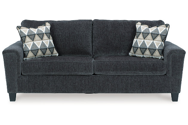 If you’re looking for a smokin’ hot look priced to entice, you’re sure to find the space-conscious, budget-conscious Abinger sofa sleeper beautifully fits the bill. Covered in a smoke gray chenille upholstery loaded with plush texture, this less-is-more contemporary sofa sleeper is dressed to impress with angled side profiling and track armrests wrapped with a layer of pillowy softness for that little something extra. Crisp and clean, the 2-over-2 cushion styling adds up to one sensational look. Rest assured, the memory foam queen mattress comfortably accommodates overnight guests.Corner-blocked frame | Attached back and loose seat cushions | High-resiliency foam cushions wrapped in thick poly fiber | Polyester upholstery | 2 throw pillows included | Pillows with soft polyfill | Exposed tapered feet | Included bi-fold queen memory foam mattress sits atop a supportive steel frame | Memory foam provides better airflow for a cooler night’s sleep | Memory foam encased in damask ticking