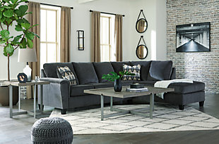 If you’re looking for a smokin' hot look priced to entice, you’re sure to find the budget-conscious Abinger sectional beautifully fits the bill. Covered in a smoke gray chenille upholstery loaded with plush texture, this less-is-more contemporary sectional is dressed to impress with angled side profiling and a track arm wrapped with a layer of pillowy softness for that little something extra. Open-ended chaise adds to this sectional’s swank look. Crafted of quality memory foam, a pull-out full mattress comfortably accommodates overnight guests.Includes 2 pieces: right-arm facing corner chaise and left-arm facing sofa sleeper  | "Left-arm" and "right-arm" describe the position of the arm when you face the piece | Corner-blocked frame | Attached back and loose seat cushions | High-resiliency foam cushions wrapped in thick poly fiber | Polyester upholstery | Throw pillows included | Pillows with soft polyfill | Exposed tapered feet | Included bi-fold full memory foam mattress sits atop a supportive steel frame | Memory foam provides better airflow for a cooler night’s sleep | Memory foam encased in damask ticking | Estimated Assembly Time: 5 Minutes