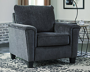 If you’re looking for a smokin' hot look priced to entice, you’re sure to find the space-conscious, budget-conscious Abinger chair beautifully fits the bill. Covered in a smoke gray chenille upholstery loaded with plush texture, this less-is-more contemporary chair is dressed to impress with angled side profiling and track armrests wrapped with a layer of pillowy softness for that little something extra. Talk about one sensational look.Corner-blocked frame | Attached back and loose seat cushions | High-resiliency foam cushions wrapped in thick poly fiber | Polyester upholstery | Exposed tapered feet