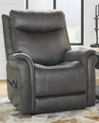 The Lorreze power lift recliner does the work for you, easing you to your feet from a relaxed sitting position or fully reclined. Irresistibly comfortable and ruggedly handsome, the neutral steel gray shade fits most any color scheme and room decor. This recliner has a heating element in the seat, plus a massage function to ensure total relaxation, so complete comfort is a foregone conclusion. With heavyweight padded faux leather for long-lasting durability, you'll be able to enjoy this recliner for quite a while.One-touch (hand control) power button with adjustable positions | Corner-blocked frame with metal reinforced seat | Attached cushions | High-resiliency foam cushions wrapped in thick poly fiber | Polyester upholstery | Motor allows custom comfort positioning | Heat element in seat; massage function | Heat and massage have auto shut-off after 30 minutes | Power cord included; UL Listed | Estimated Assembly Time: 15 Minutes