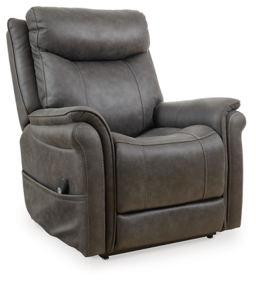 The Lorreze power lift recliner does the work for you, easing you to your feet from a relaxed sitting position or fully reclined. Irresistibly comfortable and ruggedly handsome, the neutral steel gray shade fits most any color scheme and room decor. This recliner has a heating element in the seat, plus a massage function to ensure total relaxation, so complete comfort is a foregone conclusion. With heavyweight padded faux leather for long-lasting durability, you'll be able to enjoy this recliner for quite a while.One-touch (hand control) power button with adjustable positions | Corner-blocked frame with metal reinforced seat | Attached cushions | High-resiliency foam cushions wrapped in thick poly fiber | Polyester upholstery | Motor allows custom comfort positioning | Heat element in seat; massage function | Heat and massage have auto shut-off after 30 minutes | Power cord included; UL Listed | Estimated Assembly Time: 15 Minutes