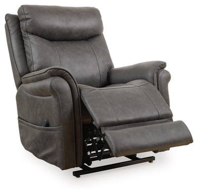 The Lorreze power lift recliner does the work for you, easing you to your feet from a relaxed sitting position or fully reclined. Irresistibly comfortable and ruggedly handsome, the neutral steel gray shade fits most any color scheme and room decor. This recliner has a heating element in the seat, plus a massage function to ensure total relaxation, so complete comfort is a foregone conclusion. With heavyweight padded faux leather for long-lasting durability, you'll be able to enjoy this recliner for quite a while.One-touch (hand control) power button with adjustable positions | Corner-blocked frame with metal reinforced seat | Attached cushions | High-resiliency foam cushions wrapped in thick poly fiber | Polyester upholstery | Motor allows custom comfort positioning | Heat element in seat; massage function | Heat and massage have auto shut-off after 30 minutes | Power cord included; UL Listed | Estimated Assembly Time: 15 Minutes