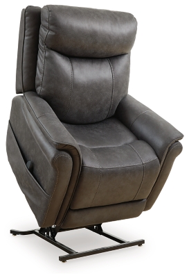 The Lorreze power lift recliner does the work for you, easing you to your feet from a relaxed sitting position or fully reclined. Irresistibly comfortable and ruggedly handsome, the neutral steel gray shade fits most any color scheme and room decor. This recliner has a heating element in the seat, plus a massage function to ensure total relaxation, so complete comfort is a foregone conclusion. With heavyweight padded faux leather for long-lasting durability, you'll be able to enjoy this recliner for quite a while.One-touch (hand control) power button with adjustable positions | Corner-blocked frame with metal reinforced seat | Attached cushions | High-resiliency foam cushions wrapped in thick poly fiber | Polyester upholstery | Motor allows custom comfort positioning | Heat element in seat; massage function | Heat and massage have auto shut-off after 30 minutes | Power cord included; UL Listed | Estimated Assembly Time: 15 Minutes