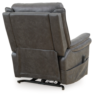The Lorreze power lift recliner does the work for you, easing you to your feet from a relaxed sitting position or fully reclined. Irresistibly comfortable and ruggedly handsome, the neutral steel gray shade fits most any color scheme and room decor. This recliner has a heating element in the seat, plus a massage function to ensure total relaxation, so complete comfort is a foregone conclusion. With heavyweight padded faux leather for long-lasting durability, you'll be able to enjoy this recliner for quite a while.One-touch (hand control) power button with adjustable positions | Corner-blocked frame with metal reinforced seat | Attached cushions | High-resiliency foam cushions wrapped in thick poly fiber | Polyester upholstery | Motor allows custom comfort positioning | Heat element in seat; massage function | Heat and massage have auto shut-off after 30 minutes | Power cord included; UL Listed | Estimated Assembly Time: 15 Minutes