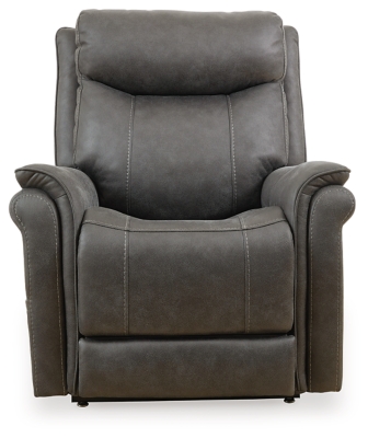 The Lorreze power lift recliner does the work for you, easing you to your feet from a relaxed sitting position or fully reclined. Irresistibly comfortable and ruggedly handsome, the neutral steel gray shade fits most any color scheme and room decor. This recliner has a heating element in the seat, plus a massage function to ensure total relaxation, so complete comfort is a foregone conclusion. With heavyweight padded faux leather for long-lasting durability, you'll be able to enjoy this recliner for quite a while.One-touch (hand control) power button with adjustable positions | Corner-blocked frame with metal reinforced seat | Attached cushions | High-resiliency foam cushions wrapped in thick poly fiber | Polyester upholstery | Motor allows custom comfort positioning | Heat element in seat; massage function | Heat and massage have auto shut-off after 30 minutes | Power cord included; UL Listed | Estimated Assembly Time: 15 Minutes