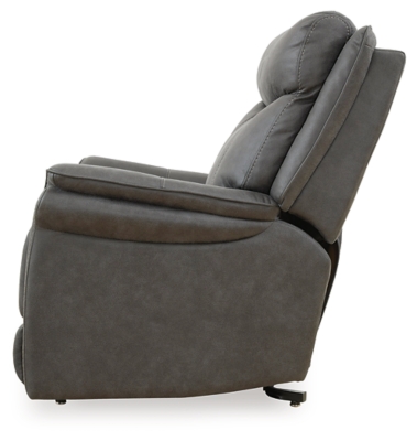 The Lorreze power lift recliner does the work for you, easing you to your feet from a relaxed sitting position or fully reclined. Irresistibly comfortable and ruggedly handsome, the neutral steel gray shade fits most any color scheme and room decor. This recliner has a heating element in the seat, plus a massage function to ensure total relaxation, so complete comfort is a foregone conclusion. With heavyweight padded faux leather for long-lasting durability, you'll be able to enjoy this recliner for quite a while.One-touch (hand control) power button with adjustable positions | Corner-blocked frame with metal reinforced seat | Attached cushions | High-resiliency foam cushions wrapped in thick poly fiber | Polyester upholstery | Motor allows custom comfort positioning | Heat element in seat; massage function | Heat and massage have auto shut-off after 30 minutes | Power cord included; UL Listed | Estimated Assembly Time: 15 Minutes