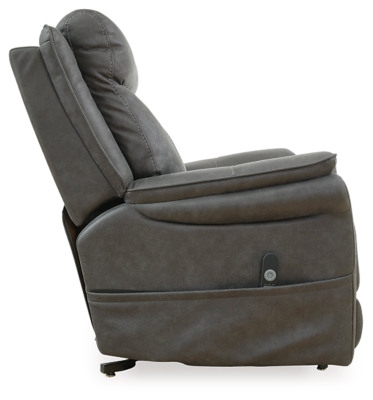 The Lorreze power lift recliner does the work for you, easing you to your feet from a relaxed sitting position or fully reclined. Irresistibly comfortable and ruggedly handsome, the neutral steel gray shade fits most any color scheme and room decor. This recliner has a heating element in the seat, plus a massage function to ensure total relaxation, so complete comfort is a foregone conclusion. With heavyweight padded faux leather for long-lasting durability, you'll be able to enjoy this recliner for quite a while.One-touch (hand control) power button with adjustable positions | Corner-blocked frame with metal reinforced seat | Attached cushions | High-resiliency foam cushions wrapped in thick poly fiber | Polyester upholstery | Motor allows custom comfort positioning | Heat element in seat; massage function | Heat and massage have auto shut-off after 30 minutes | Power cord included; UL Listed | Estimated Assembly Time: 15 Minutes