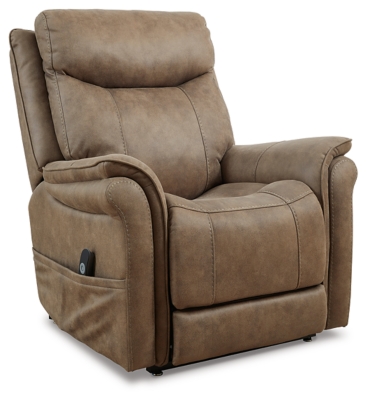 The Lorreze power lift recliner does the work for you, easing you to your feet from a relaxed sitting position or fully reclined. Irresistibly comfortable and ruggedly handsome, the neutral driftwood shade fits most any color scheme and room decor. This recliner has a heating element in the seat, plus a massage function to ensure total relaxation, so complete comfort is a foregone conclusion. With heavyweight padded faux leather for long-lasting durability, you'll be able to enjoy this recliner for quite a while.One-touch (hand control) power button with adjustable positions | Corner-blocked frame with metal reinforced seat | Attached cushions | High-resiliency foam cushions wrapped in thick poly fiber | Polyester upholstery | Heat element in seat; massage function | Heat and massage have auto shut-off after 30 minutes | Power cord included; UL Listed | Estimated Assembly Time: 15 Minutes