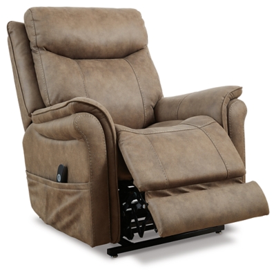 The Lorreze power lift recliner does the work for you, easing you to your feet from a relaxed sitting position or fully reclined. Irresistibly comfortable and ruggedly handsome, the neutral driftwood shade fits most any color scheme and room decor. This recliner has a heating element in the seat, plus a massage function to ensure total relaxation, so complete comfort is a foregone conclusion. With heavyweight padded faux leather for long-lasting durability, you'll be able to enjoy this recliner for quite a while.One-touch (hand control) power button with adjustable positions | Corner-blocked frame with metal reinforced seat | Attached cushions | High-resiliency foam cushions wrapped in thick poly fiber | Polyester upholstery | Heat element in seat; massage function | Heat and massage have auto shut-off after 30 minutes | Power cord included; UL Listed | Estimated Assembly Time: 15 Minutes