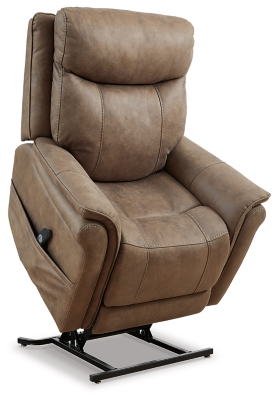 The Lorreze power lift recliner does the work for you, easing you to your feet from a relaxed sitting position or fully reclined. Irresistibly comfortable and ruggedly handsome, the neutral driftwood shade fits most any color scheme and room decor. This recliner has a heating element in the seat, plus a massage function to ensure total relaxation, so complete comfort is a foregone conclusion. With heavyweight padded faux leather for long-lasting durability, you'll be able to enjoy this recliner for quite a while.One-touch (hand control) power button with adjustable positions | Corner-blocked frame with metal reinforced seat | Attached cushions | High-resiliency foam cushions wrapped in thick poly fiber | Polyester upholstery | Heat element in seat; massage function | Heat and massage have auto shut-off after 30 minutes | Power cord included; UL Listed | Estimated Assembly Time: 15 Minutes