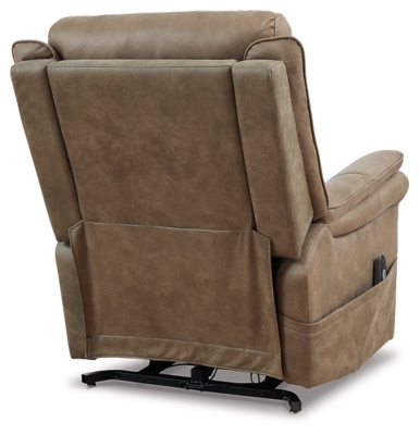 The Lorreze power lift recliner does the work for you, easing you to your feet from a relaxed sitting position or fully reclined. Irresistibly comfortable and ruggedly handsome, the neutral driftwood shade fits most any color scheme and room decor. This recliner has a heating element in the seat, plus a massage function to ensure total relaxation, so complete comfort is a foregone conclusion. With heavyweight padded faux leather for long-lasting durability, you'll be able to enjoy this recliner for quite a while.One-touch (hand control) power button with adjustable positions | Corner-blocked frame with metal reinforced seat | Attached cushions | High-resiliency foam cushions wrapped in thick poly fiber | Polyester upholstery | Heat element in seat; massage function | Heat and massage have auto shut-off after 30 minutes | Power cord included; UL Listed | Estimated Assembly Time: 15 Minutes