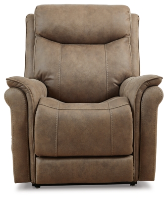 The Lorreze power lift recliner does the work for you, easing you to your feet from a relaxed sitting position or fully reclined. Irresistibly comfortable and ruggedly handsome, the neutral driftwood shade fits most any color scheme and room decor. This recliner has a heating element in the seat, plus a massage function to ensure total relaxation, so complete comfort is a foregone conclusion. With heavyweight padded faux leather for long-lasting durability, you'll be able to enjoy this recliner for quite a while.One-touch (hand control) power button with adjustable positions | Corner-blocked frame with metal reinforced seat | Attached cushions | High-resiliency foam cushions wrapped in thick poly fiber | Polyester upholstery | Heat element in seat; massage function | Heat and massage have auto shut-off after 30 minutes | Power cord included; UL Listed | Estimated Assembly Time: 15 Minutes