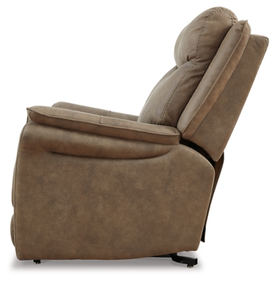 The Lorreze power lift recliner does the work for you, easing you to your feet from a relaxed sitting position or fully reclined. Irresistibly comfortable and ruggedly handsome, the neutral driftwood shade fits most any color scheme and room decor. This recliner has a heating element in the seat, plus a massage function to ensure total relaxation, so complete comfort is a foregone conclusion. With heavyweight padded faux leather for long-lasting durability, you'll be able to enjoy this recliner for quite a while.One-touch (hand control) power button with adjustable positions | Corner-blocked frame with metal reinforced seat | Attached cushions | High-resiliency foam cushions wrapped in thick poly fiber | Polyester upholstery | Heat element in seat; massage function | Heat and massage have auto shut-off after 30 minutes | Power cord included; UL Listed | Estimated Assembly Time: 15 Minutes