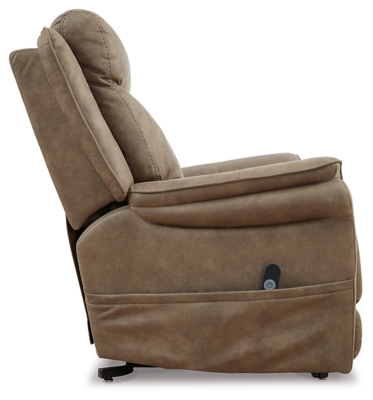 The Lorreze power lift recliner does the work for you, easing you to your feet from a relaxed sitting position or fully reclined. Irresistibly comfortable and ruggedly handsome, the neutral driftwood shade fits most any color scheme and room decor. This recliner has a heating element in the seat, plus a massage function to ensure total relaxation, so complete comfort is a foregone conclusion. With heavyweight padded faux leather for long-lasting durability, you'll be able to enjoy this recliner for quite a while.One-touch (hand control) power button with adjustable positions | Corner-blocked frame with metal reinforced seat | Attached cushions | High-resiliency foam cushions wrapped in thick poly fiber | Polyester upholstery | Heat element in seat; massage function | Heat and massage have auto shut-off after 30 minutes | Power cord included; UL Listed | Estimated Assembly Time: 15 Minutes