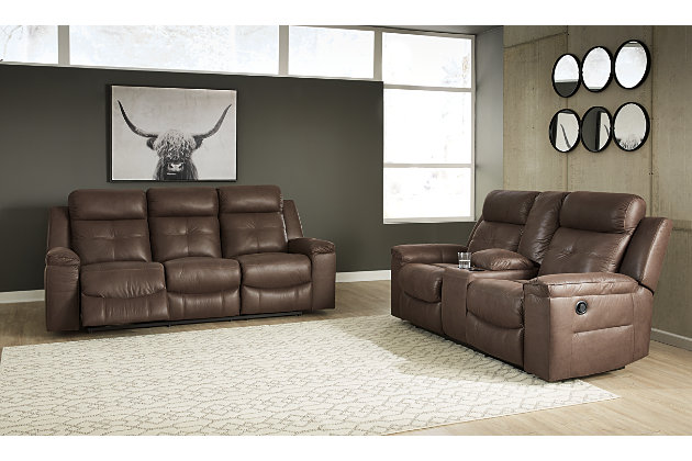 Rustic character comes forth in the Jesolo warm brown reclining sofa and loveseat set. Designer stitching adds a fashion-forward touch to the soft cushions. Faux suede fabric speaks to your knack for superior-quality materials. High back provides ample support as you get off your feet for a bit. With just one pull of tab, you’ll be easing back into relaxation. Infinite levels of comfort await.Includes sofa and loveseat | Corner-blocked frame with metal reinforced seat | Attached back and seat cushions | Pull tab reclining motion | Dual-sided recliners; sofa’s middle seat remains stationary | Loveseat with lift-top storage console and 2 cup holders | High-resiliency foam cushions wrapped in thick poly fiber | Polyester/polyurethane upholstery | Estimated Assembly Time: 30 Minutes