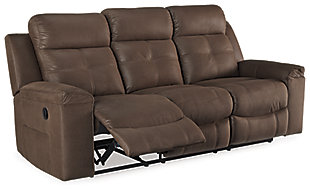 Rustic character comes forth in the warm brown Jesolo reclining sofa. Designer stitching adds a fashion-forward touch to the soft cushions. Faux suede fabric speaks to your knack for superior-quality materials. High back provides ample support as you get off your feet for a bit. With just one pull of tab, you’ll be easing back into relaxation. Infinite levels of comfort await.Corner-blocked frame with metal reinforced seat | Attached back and seat cushions | Pull tab reclining motion | Dual-sided recliner, middle seat remains stationary | High-resiliency foam cushions wrapped in thick poly fiber | Polyester/polyurethane upholstery | Estimated Assembly Time: 15 Minutes