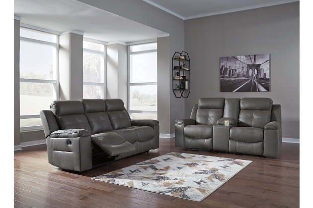 Rustic character comes forth in the Jesolo dark gray reclining sofa and loveseat set. Designer stitching adds a fashion-forward touch to the soft cushions. Faux suede fabric speaks to your knack for superior-quality materials. High back provides ample support as you get off your feet for a bit. With just one pull of tab, you’ll be easing back into relaxation. Infinite levels of comfort await.Includes sofa and loveseat | Corner-blocked frame with metal reinforced seat | Attached back and seat cushions | Pull tab reclining motion | Dual-sided recliners; sofa’s middle seat remains stationary | Loveseat with lift-top storage console and 2 cup holders | High-resiliency foam cushions wrapped in thick poly fiber | Polyester/polyurethane upholstery | Estimated Assembly Time: 15 Minutes
