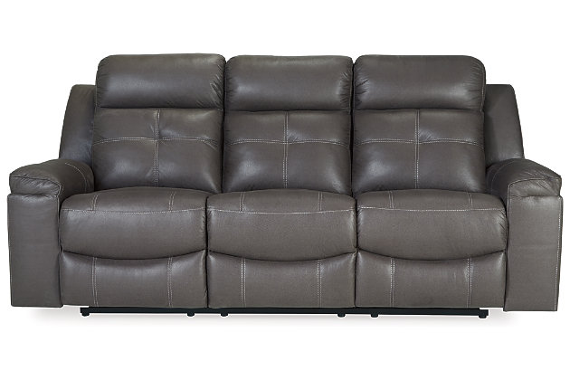 Rustic character comes forth in the dark gray Jesolo reclining sofa. Designer stitching adds a fashion-forward touch to the soft cushions. Faux suede fabric speaks to your knack for superior-quality materials. High back provides ample support as you get off your feet for a bit. With just one pull of tab, you’ll be easing back into relaxation. Infinite levels of comfort await.Corner-blocked frame with metal reinforced seat | Attached back and seat cushions | Pull tab reclining motion | Dual-sided recliner, middle seat remains stationary | High-resiliency foam cushions wrapped in thick poly fiber | Polyester/polyurethane upholstery | Estimated Assembly Time: 15 Minutes