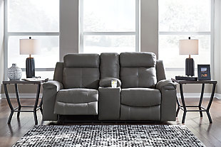 Rustic character comes forth in the dark gray Jesolo reclining loveseat with center console. Designer stitching adds a fashion-forward touch to the soft cushions. Faux suede fabric speaks to your knack for superior-quality materials. High back provides ample support as you get off your feet for a bit. With just one pull of tab, you’ll be easing back into relaxation and popping your favorite beverage into a cup holder. Infinite levels of comfort await.Corner-blocked frame with metal reinforced seat | Attached back and seat cushions | Pull tab reclining motion | Lift-top storage console and 2 cup holders | High-resiliency foam cushions wrapped in thick poly fiber | Polyester/polyurethane upholstery