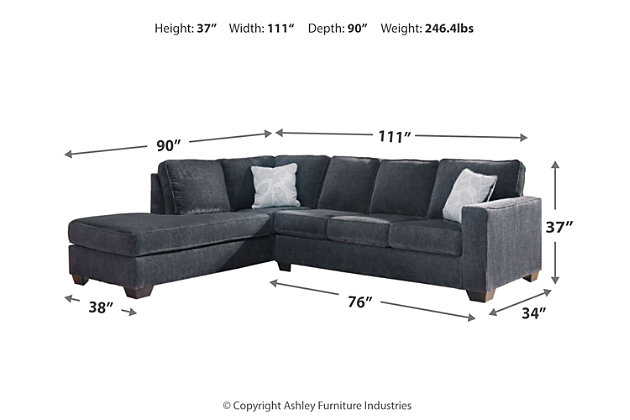 If style is the question, then the Altari sectional is the answer. Sporting clean lines and sleek track arms, the decidedly contemporary profile is enhanced with plump cushioning and a chenille-feel upholstery, so pleasing to the touch. Sure to play well with so many color schemes, this sectional in slate gray includes a pair of understated floral pattern pillows for fashionably fresh appeal.Includes 2 pieces: left-arm facing corner chaise and right-arm facing sofa | Corner-blocked frame | Attached back and loose seat cushions | High-resiliency foam cushions wrapped in thick poly fiber | 2 decorative pillows included | Pillows with soft polyfill | Polyester upholstery and pillows | Exposed feet with faux wood finish | Platform foundation system resists sagging 3x better than spring system after 20,000 testing cycles by providing more even support | Smooth platform foundation maintains tight, wrinkle-free look without dips or sags that can occur over time with sinuous spring foundations | "Left-arm" and "right-arm" describe the position of the arm when you face the piece | Estimated Assembly Time: 5 Minutes