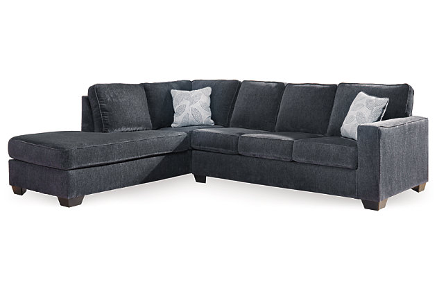 If style is the question, then the Altari sectional is the answer. Sporting clean lines and sleek track arms, the decidedly contemporary profile is enhanced with plump cushioning and a chenille-feel upholstery, so pleasing to the touch. Sure to play well with so many color schemes, this sectional in slate gray includes a pair of understated floral pattern pillows for fashionably fresh appeal.Includes 2 pieces: left-arm facing corner chaise and right-arm facing sofa | Corner-blocked frame | Attached back and loose seat cushions | High-resiliency foam cushions wrapped in thick poly fiber | 2 decorative pillows included | Pillows with soft polyfill | Polyester upholstery and pillows | Exposed feet with faux wood finish | Platform foundation system resists sagging 3x better than spring system after 20,000 testing cycles by providing more even support | Smooth platform foundation maintains tight, wrinkle-free look without dips or sags that can occur over time with sinuous spring foundations | "Left-arm" and "right-arm" describe the position of the arm when you face the piece | Estimated Assembly Time: 5 Minutes