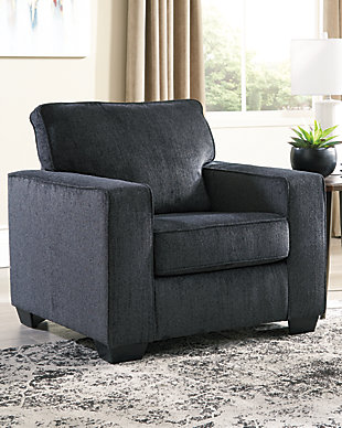 If style is the question, then the Altari chair is the answer. Its decidedly contemporary profile is enhanced with plump cushioning and a chenille-feel upholstery, so pleasing to the touch. Rest assured, this chair in slate gray is sure to play well with so many color schemes.Corner-blocked frame | Attached back and loose seat cushions | High-resiliency foam cushions wrapped in thick poly fiber | Polyester upholstery | Exposed feet with faux wood finish | Platform foundation system resists sagging 3x better than spring system after 20,000 testing cycles by providing more even support | Smooth platform foundation maintains tight, wrinkle-free look without dips or sags that can occur over time with sinuous spring foundations