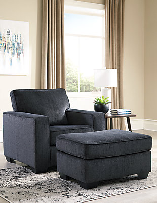 If style is the question, then the Altari ottoman is the answer. Its decidedly contemporary profile is enhanced with plump cushioning and a chenille-feel upholstery, so pleasing to the touch. Rest assured, this ottoman in slate gray is sure to play well with so many color schemes.Corner-blocked frame | Firmly cushioned | High-resiliency foam cushion wrapped in thick poly fiber | Polyester upholstery | Exposed feet with faux wood finish