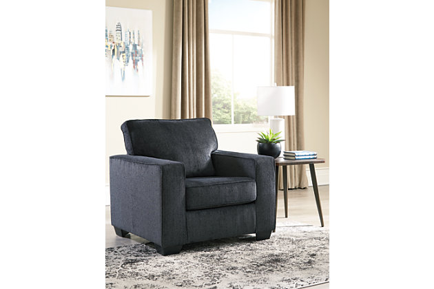 If style is the question, then the Altari chair is the answer. Its decidedly contemporary profile is enhanced with plump cushioning and a chenille-feel upholstery, so pleasing to the touch. Rest assured, this chair in slate gray is sure to play well with so many color schemes.Corner-blocked frame | Attached back and loose seat cushions | High-resiliency foam cushions wrapped in thick poly fiber | Polyester upholstery | Exposed feet with faux wood finish | Platform foundation system resists sagging 3x better than spring system after 20,000 testing cycles by providing more even support | Smooth platform foundation maintains tight, wrinkle-free look without dips or sags that can occur over time with sinuous spring foundations