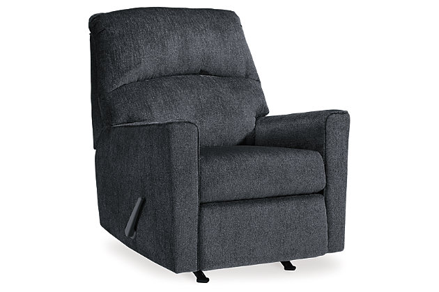 If style is the question, then the Altari rocker recliner is the answer. Clean-lined profile is beautiy contemporary. Plush chenille fabric and plump cushioning make it so easy to comfortably kick up your heels. Richly neutral hue complements a variety of decor.Gentle roc motion | Attached cushions | High-resiliency foam cushions wrapped in thick poly fiber | Corner-blocked frame with metal reinforced seat | One-pull reclining motion | Polyester upholstery