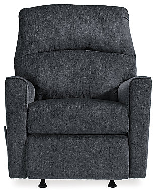If style is the question, then the Altari rocker recliner is the answer. Clean-lined profile is beautifully contemporary. Plush chenille fabric and plump cushioning make it so easy to comfortably kick up your heels. Richly neutral hue complements a variety of decor.Gentle rocking motion | Attached cushions | High-resiliency foam cushions wrapped in thick poly fiber | Corner-blocked frame with metal reinforced seat | One-pull reclining motion | Polyester upholstery
