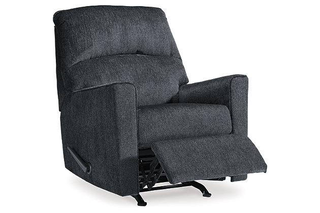 If style is the question, then the Altari rocker recliner is the answer. Clean-lined profile is beautifully contemporary. Plush chenille fabric and plump cushioning make it so easy to comfortably kick up your heels. Richly neutral hue complements a variety of decor.Gentle rocking motion | Attached cushions | High-resiliency foam cushions wrapped in thick poly fiber | Corner-blocked frame with metal reinforced seat | One-pull reclining motion | Polyester upholstery