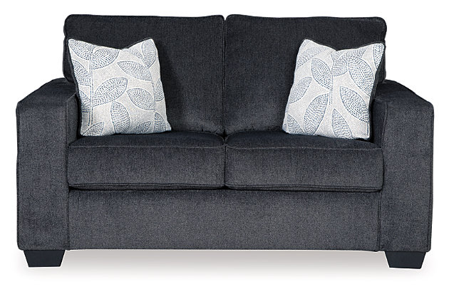 If style is the question, then the Altari sofa and loveseat set is the answer. Sporting clean lines and sleek track arms, the decidedly contemporary profile is enhanced with plump cushioning and a chenille-feel upholstery, so pleasing to the touch. Sure to play well with so many color schemes, this sofa and loveseat set in slate gray includes understated floral pattern pillows for fashionably fresh appeal.Includes sofa and loveseat | Corner-blocked frame | Attached back and loose seat cushions | High-resiliency foam cushions wrapped in thick poly fiber | Decorative pillows included | Pillows with soft polyfill | Polyester upholstery and pillows | Exposed feet with faux wood finish | Platform foundation system resists sagging 3x better than spring system after 20,000 testing cycles by providing more even support | Smooth platform foundation maintains tight, wrinkle-free look without dips or sags that can occur over time with sinuous spring foundations
