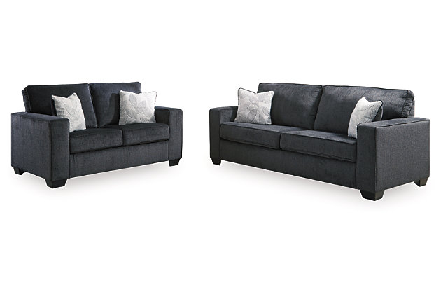 If style is the question, then the Altari sofa and loveseat set is the answer. Sporting clean lines and sleek track arms, the decidedly contemporary profile is enhanced with plump cushioning and a chenille-feel upholstery, so pleasing to the touch. Sure to play well with so many color schemes, this sofa and loveseat set in slate gray includes understated floral pattern pillows for fashionably fresh appeal.Includes sofa and loveseat | Corner-blocked frame | Attached back and loose seat cushions | High-resiliency foam cushions wrapped in thick poly fiber | Decorative pillows included | Pillows with soft polyfill | Polyester upholstery and pillows | Exposed feet with faux wood finish | Platform foundation system resists sagging 3x better than spring system after 20,000 testing cycles by providing more even support | Smooth platform foundation maintains tight, wrinkle-free look without dips or sags that can occur over time with sinuous spring foundations